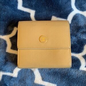Chanel Tan Beige Leather Gold Double Snap Compact Bifold Wallet